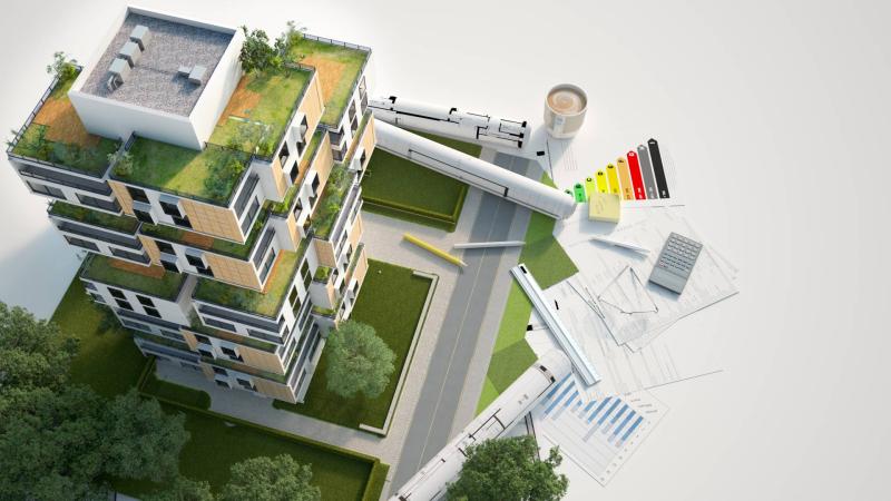 Stock image of a 3D rendering of a Sustainable building architecture model with blueprints, energy efficiency chart and other documents