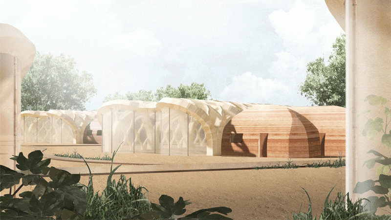 3D digital render of external view of sustainable greenhouse project created by Architecture student Eliza Hague