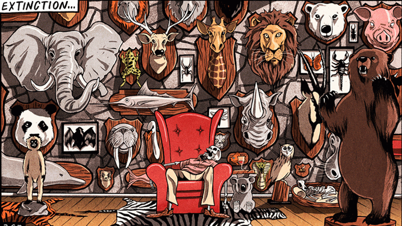 Extinction cartoon by Ben Jennings, featuring taxidermy animals and a skeleton on a chair.