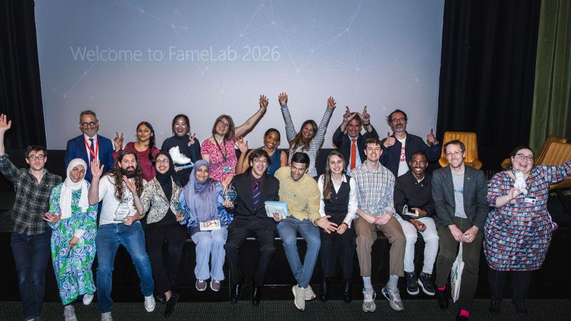 Group photo of participants of London FameLab Final 2026
