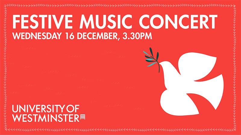 Festive music concert poster with dove and red background