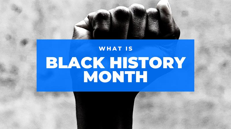 Black and white image of fist with title 'what is Black History Month' layered on top