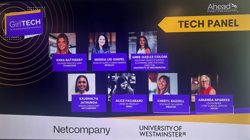 Photo of a whiteboard displaying photos and names of panellists at the Girl Tech event.