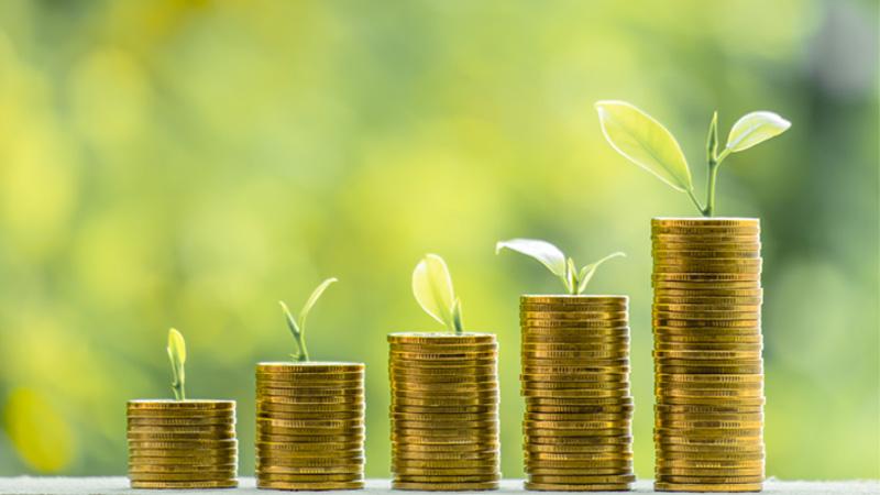 Plant shoot growing on stacking gold coins with green bokeh background