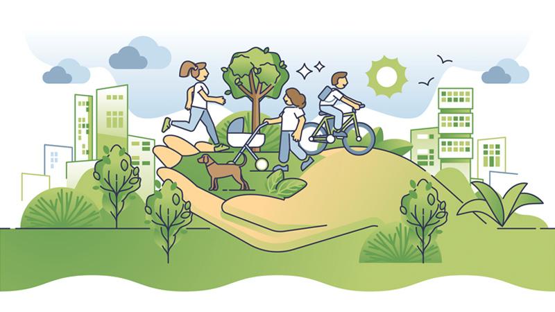 Graphic of a hand holding people living healthy lifestyles outside with an urban city backdrop.