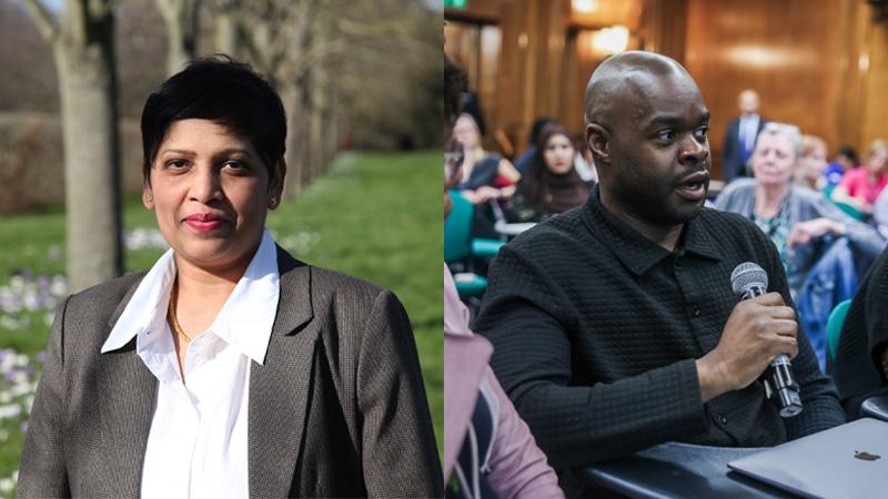 Photos of Kalpana Surendranath and Stephen Bunbury side by side. Kalpana is standing in a park and Stephen is speaking into a microphone.
