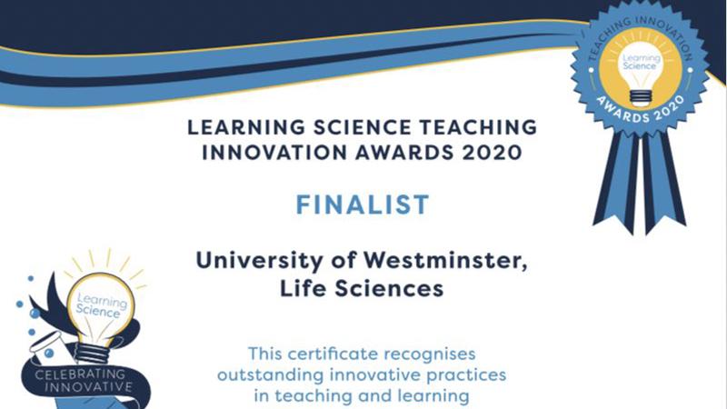 Finalist certificate for teaching innovation from Learning Science