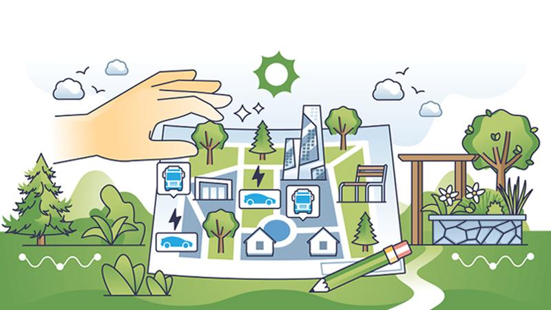 Vector image displaying a hand hovering over a town plan map surrounded by greenery and trees