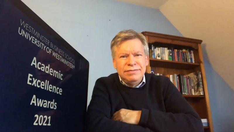 Screenshot of Malcolm Kirkup addressing students at virtual Excellence Awards