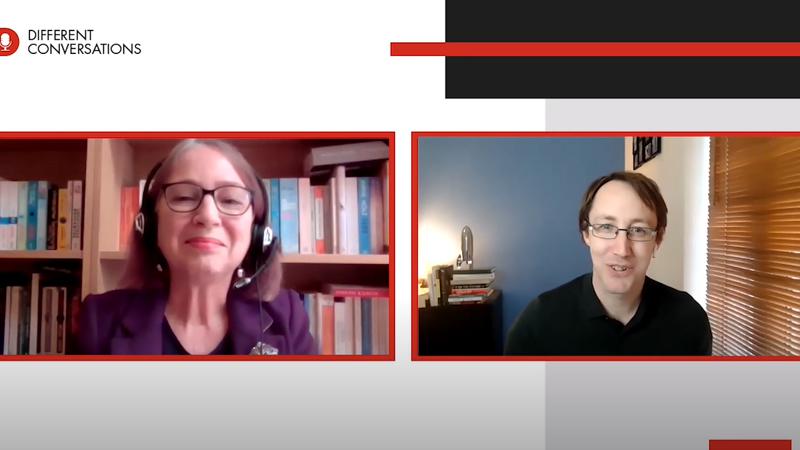 Professor Miriam Dwek and Dr Bradley Elliott talking on Zoom for Different Conversations podcast