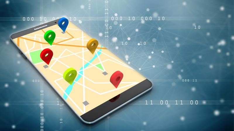 3D render of mobile phone GPS with locations flagged on screen