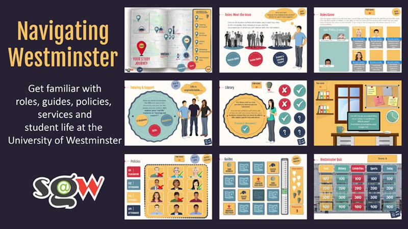 Poster of Navigating Westminster game showing screenshots of different parts of the game