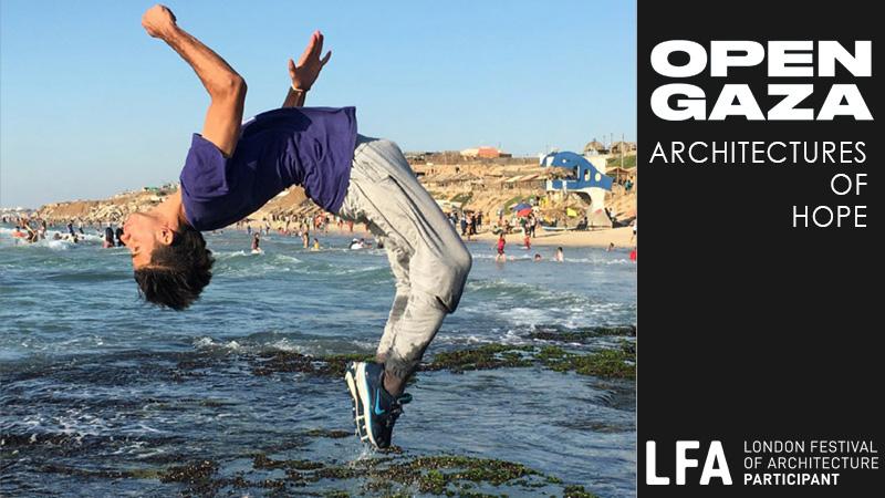 Open Gaza logo, with photo of a boy doing backflip