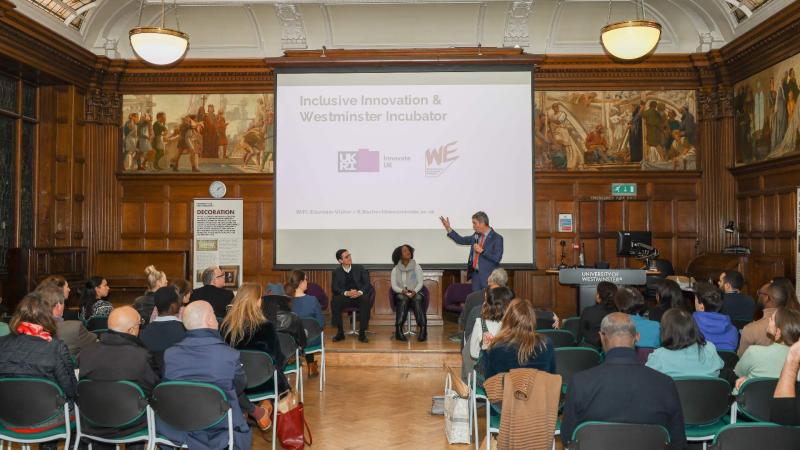Picture of Westminster Vice-Chancellor speaking at the Innovate UK event.