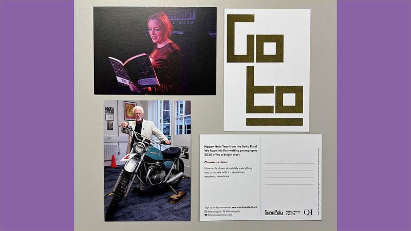 Photo of four Soho Poly postcards laid out on a table with a purple border