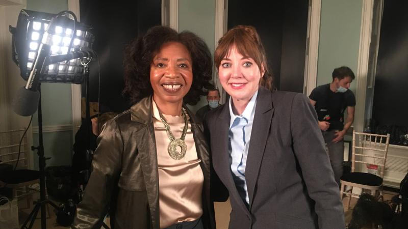 Professor Shirley Thompson and actress Diane Morgan pose for a photo together on the set of Cunk on Earth.