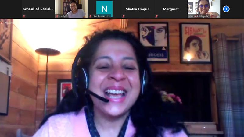 Screenshot of Dr Ipshita Basu talking at refugee rights virtual field trip