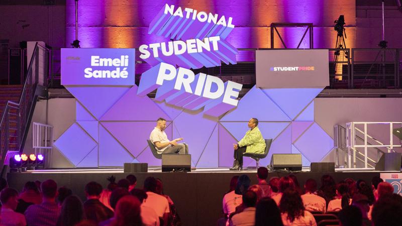 Emile Sande being interviewed on stage at National Student Pride