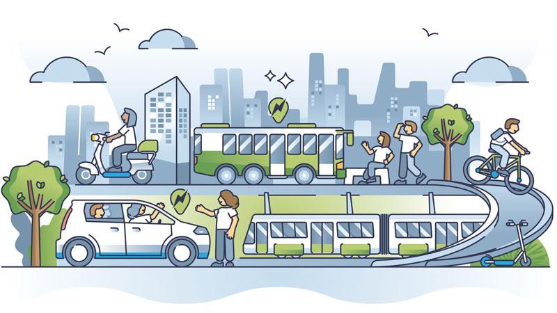 Vector image showing a variety of urban transport modes such as buses, bikes and cars