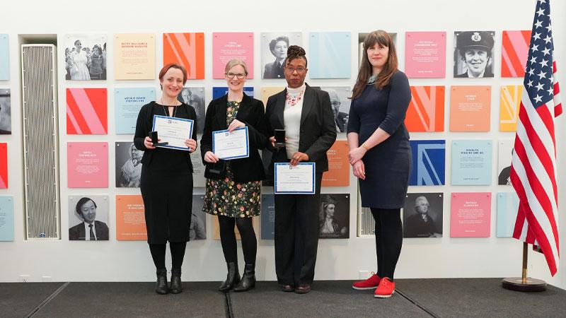 Westminster colleagues Dr Lindsay Bywood, Prof Alison Eardley and Dr Deborah Husbands with Frances Wood after receiving their certificates for the UKRI PUB award 