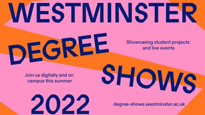 Pink and orange poster for Westminster Degree Shows 2022