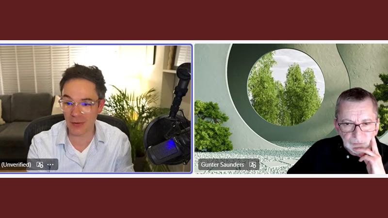 Screenshot of Henry Strong talking to Gunter Saunders on a Zoom webinar. The image is bordered by burgundy stripes.