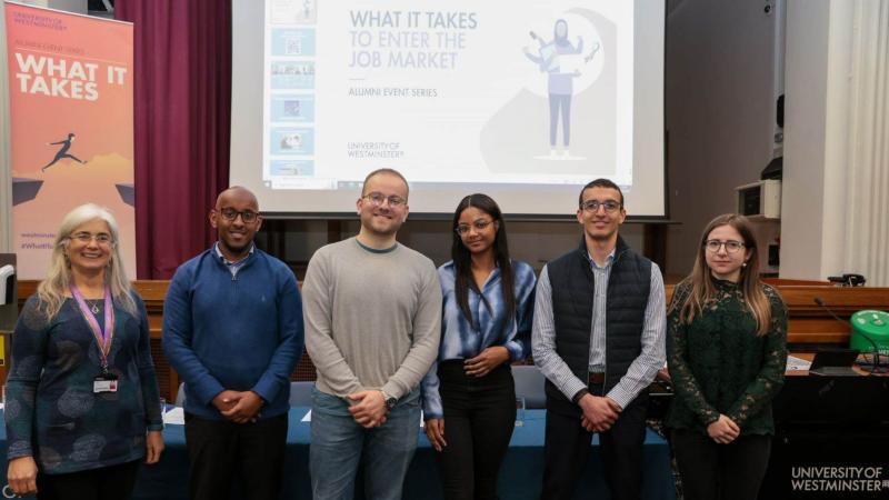 Panelists from the What it Takes to Enter the Job Market event pose for a group photo