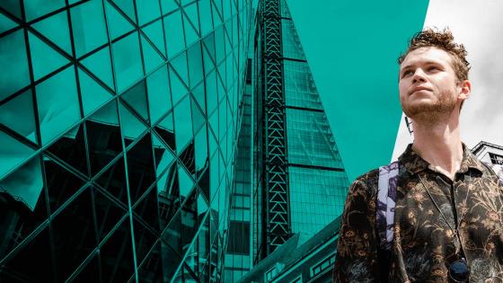A student with a London landmark in the background