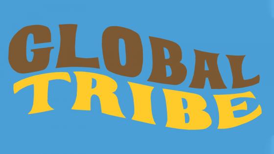 Global Tribe brown and yellow logo with blue background