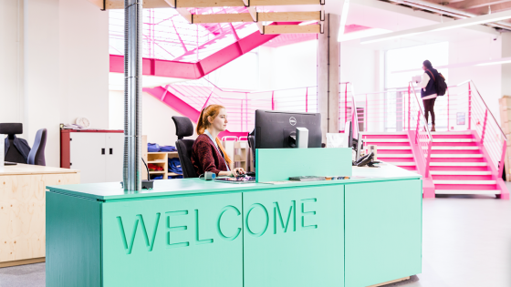 Welcome desk at Harrow campus