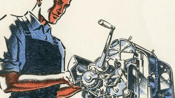 Drawing of a man using an old school projector.