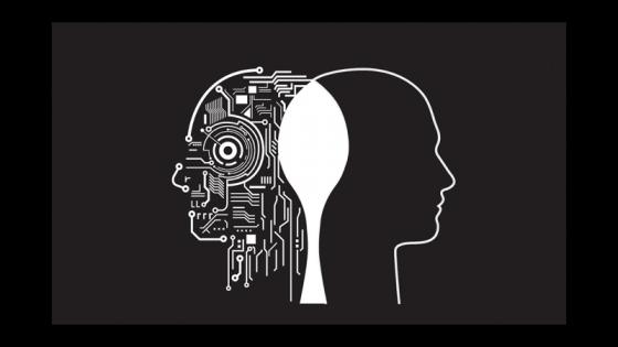 Two human-like simple profile drawings, one suggesting a human and the other an Ai machine