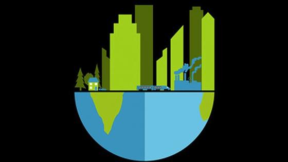 2D graphic of a globe, half of the circle is cut away and replaced by buildings