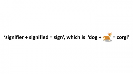 'signifier + signified' = sign, which is 'dog + (picture of corgi) = corgi'