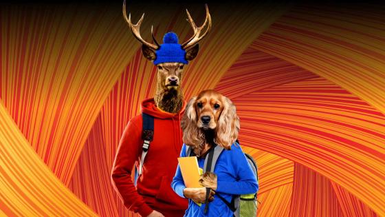 A deer and a dog in university clothing holding books and carrying backpacks